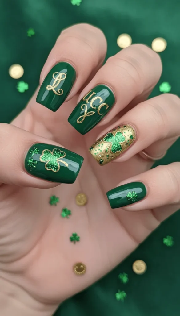 Emerald Green & Gold Shamrock Nails