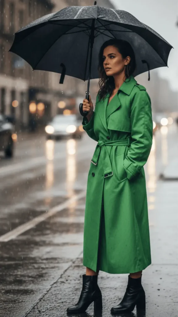 Emerald Green Trench Coat in Rain