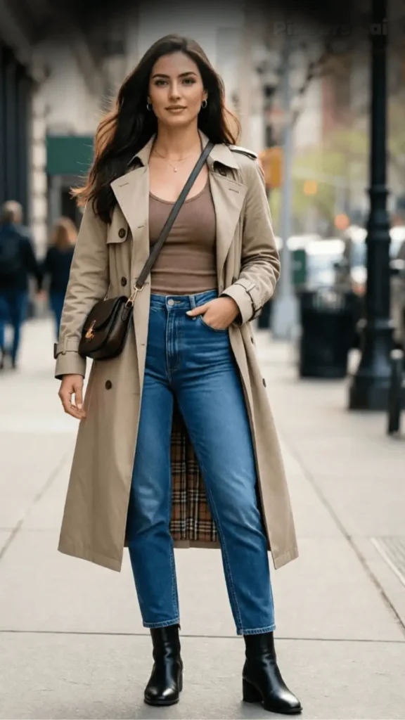 Classic Beige Trench & High-Waist Denim
