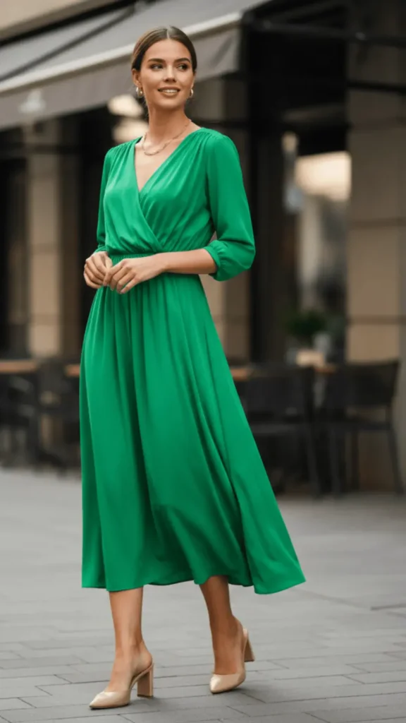 Emerald Green Wrap Maxi Dress + Nude Heels
