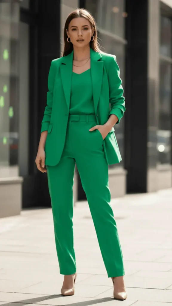 Emerald Green Pantsuit + Nude Heels