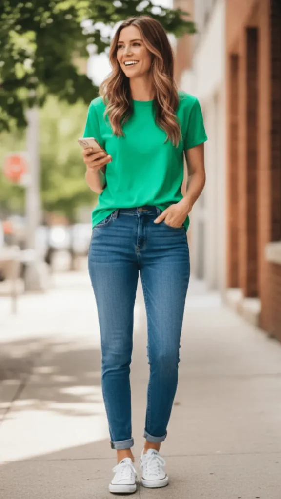 Bright Kelly Green Tee + Jeans Casual Look