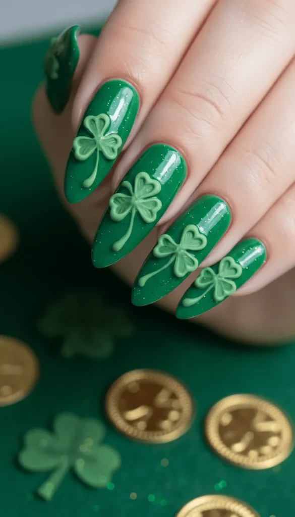 Deep Green Nails with Raised Clover Accents