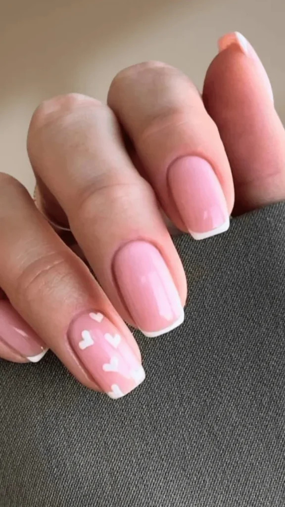 Blush Pink French Tips with White Hearts