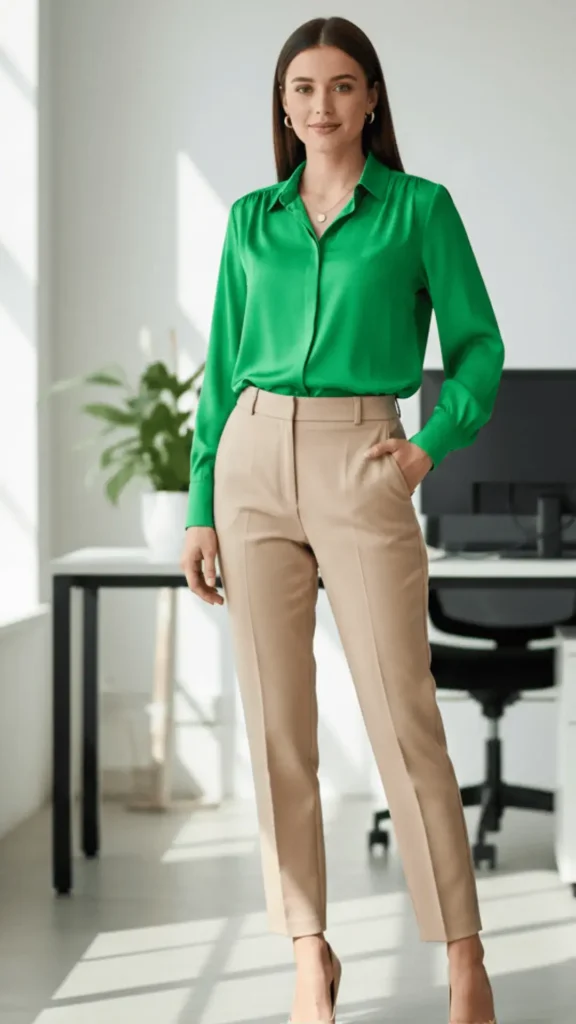 Emerald Green Silk Blouse + Beige Trousers