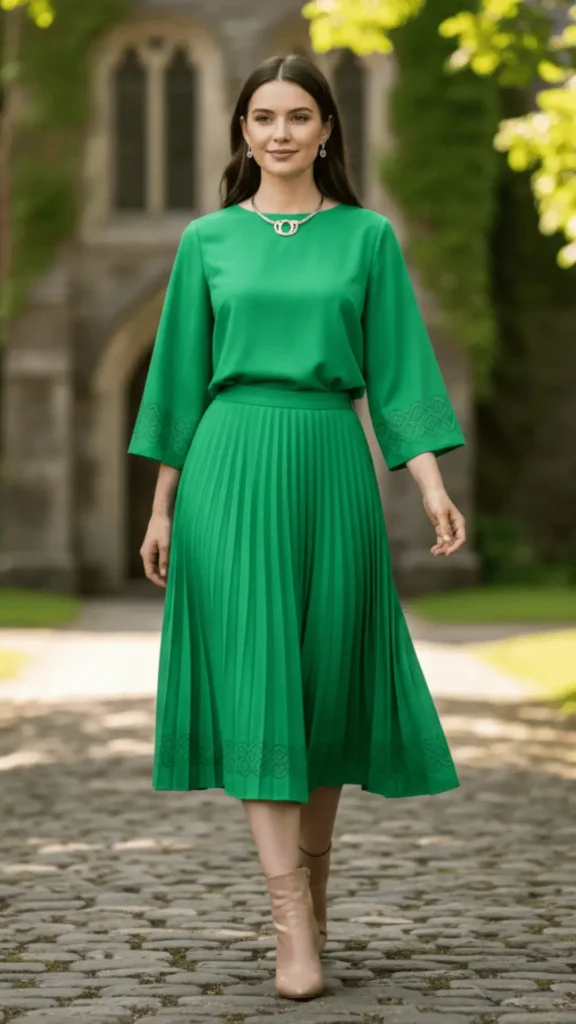 Emerald Green Pleated Midi Set with Celtic Embroidery