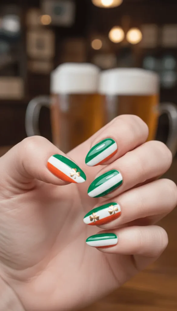 Irish Tricolor Nails Gold Accents