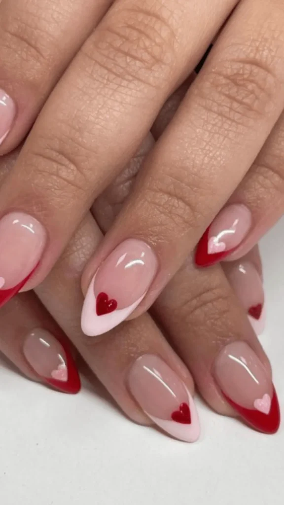 Red French Tips with Tiny Hearts