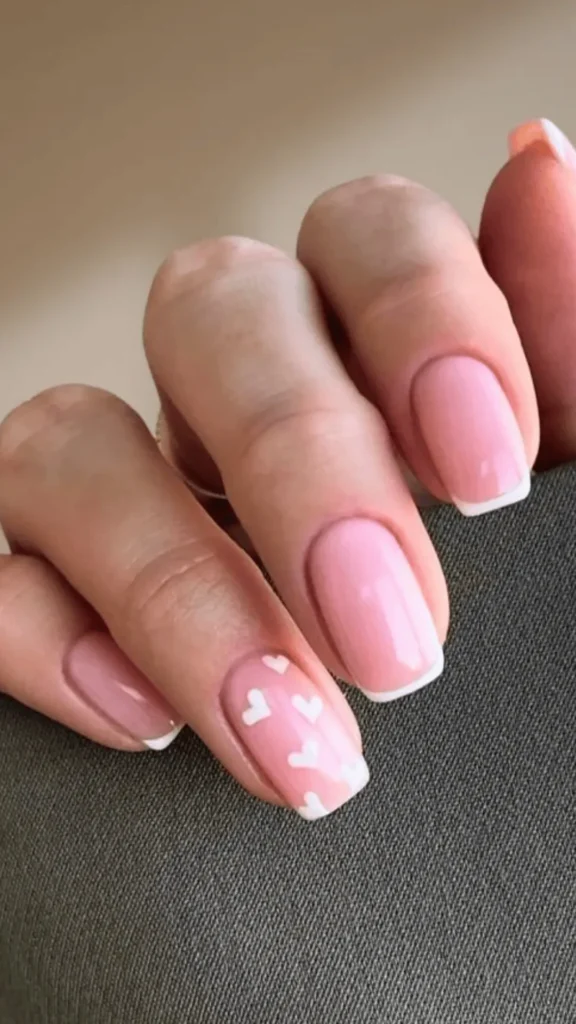 Blush French Tips with Tiny White Hearts