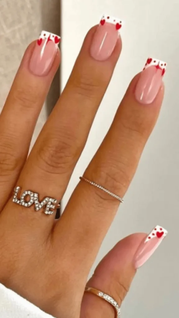 French Tips with Red Hearts & Polka Dots