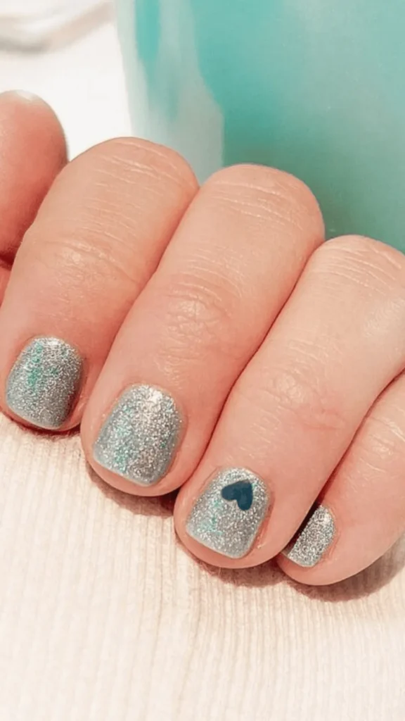 Silver Glitter with Teal Heart Accent