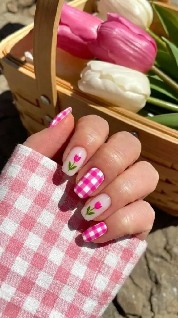 Pink Gingham & Tulip Nail Art