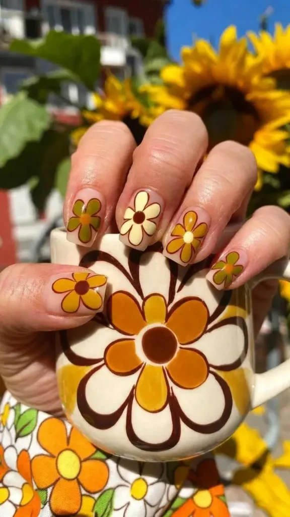 Retro 70s Daisy Flower Nail Art