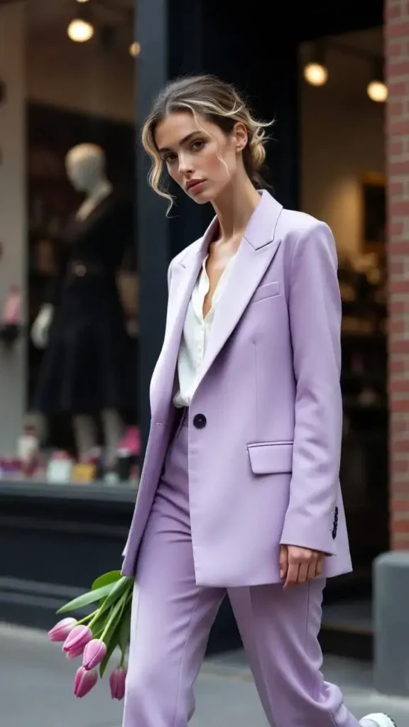 Lilac Pantsuit Spring 2026 Aesthetic Chic Lavender Suit with Tulips for Women