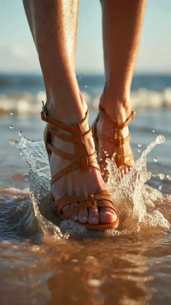 Brown Strappy Leather Sandals Ocean Splash 2026 | Carefree Beach Summer Aesthetic