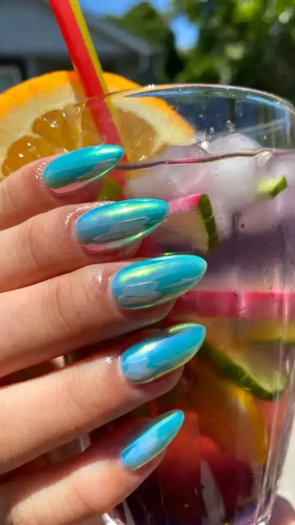 Holographic Turquoise Almond Nails