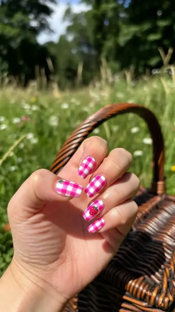 Strawberry Gingham Nails