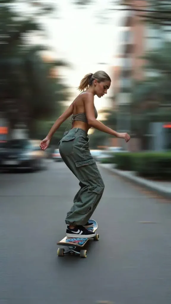Sporty Olive Cargo Pants & Grey Halter Crop Top Skateboard Look for Cute & Stylish 2026 Spring & Summer Aesthetic Outfits