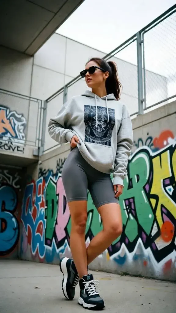 Cool Oversized Grey Graphic Hoodie & Biker Shorts Streetwear Look for Cute & Stylish 2026 Spring & Summer Aesthetic Outfits