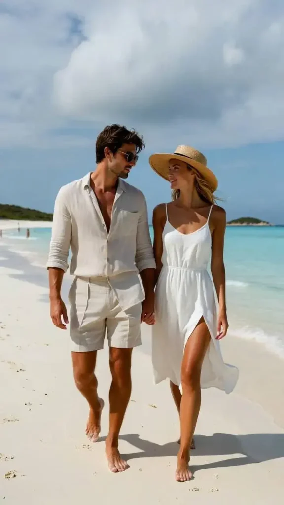 Romantic Matching White Linen Couple Beach Outfits for Cute & Stylish 2026 Spring & Summer Aesthetic Outfits