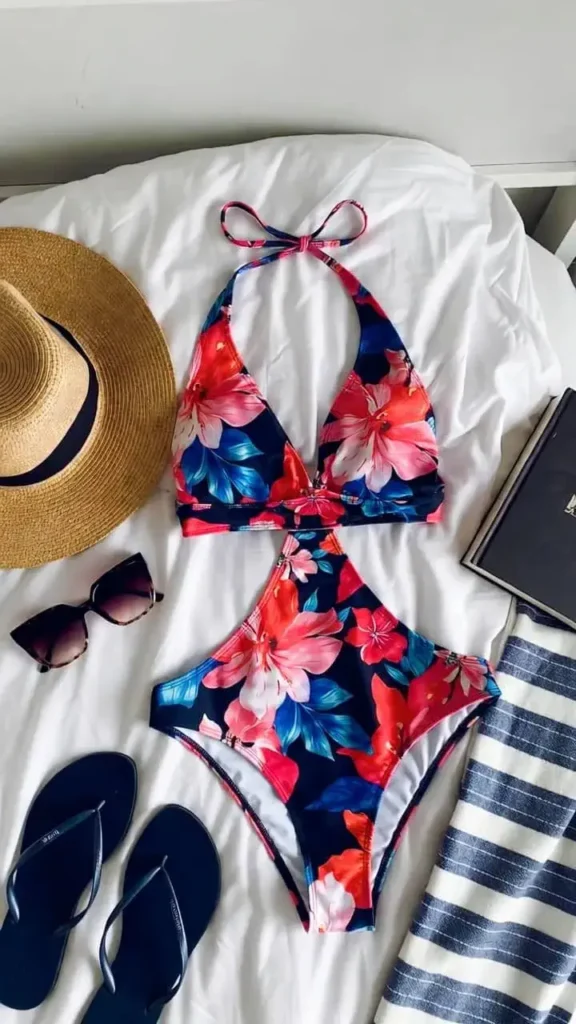 Vibrant Tropical Floral Halter Bikini Set with Straw Hat & Beach Accessories Flat Lay for Cute & Stylish 2026 Spring & Summer Aesthetic Outfits