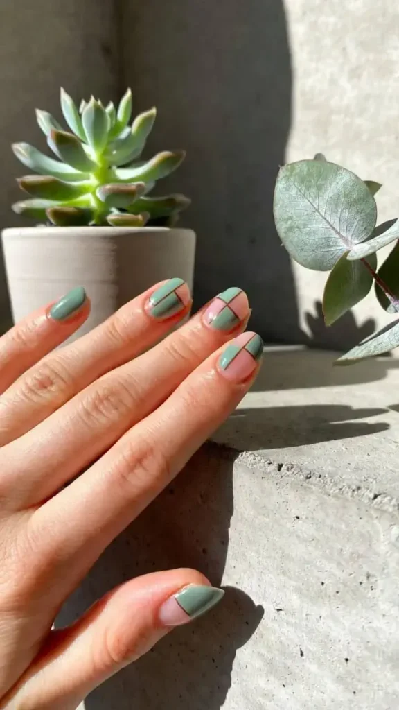 Sage Green and Blush Pink Geometric Nails