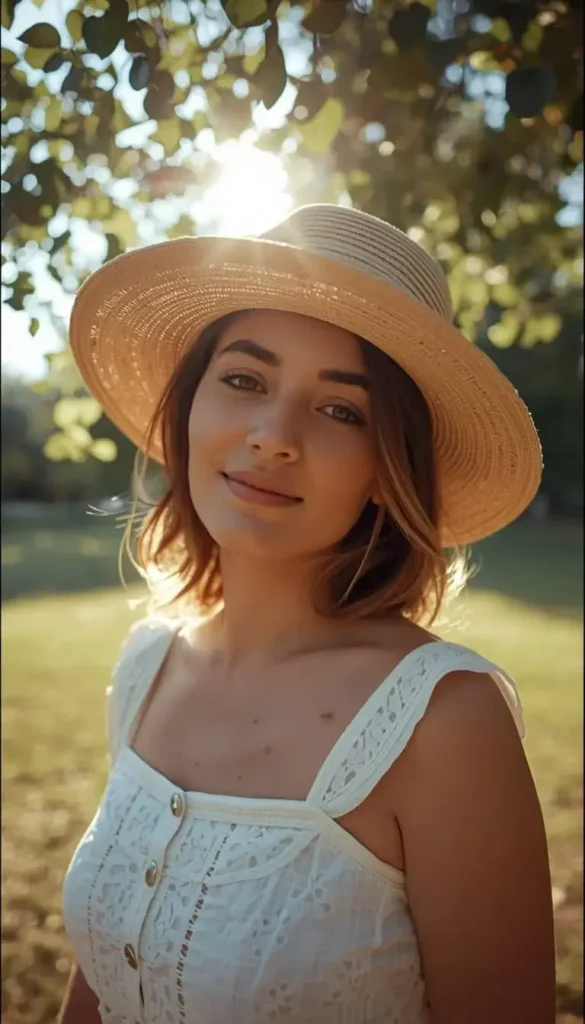 Straw Hat & White Eyelet Top Golden Hour 2026 Summer Aesthetic Dreamy Park Outfit