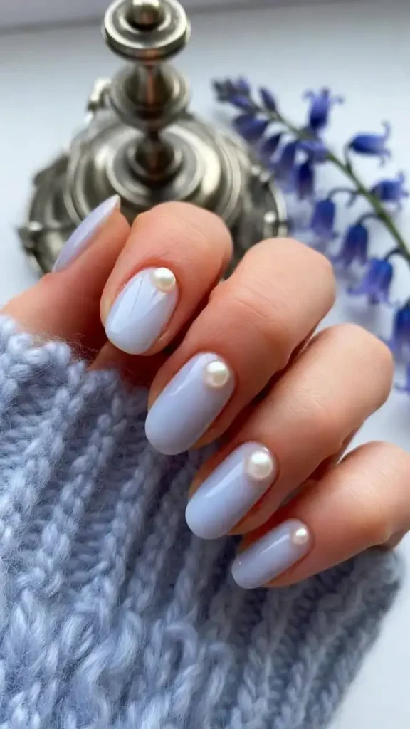 Pastel Blue Pearl Accent Nails