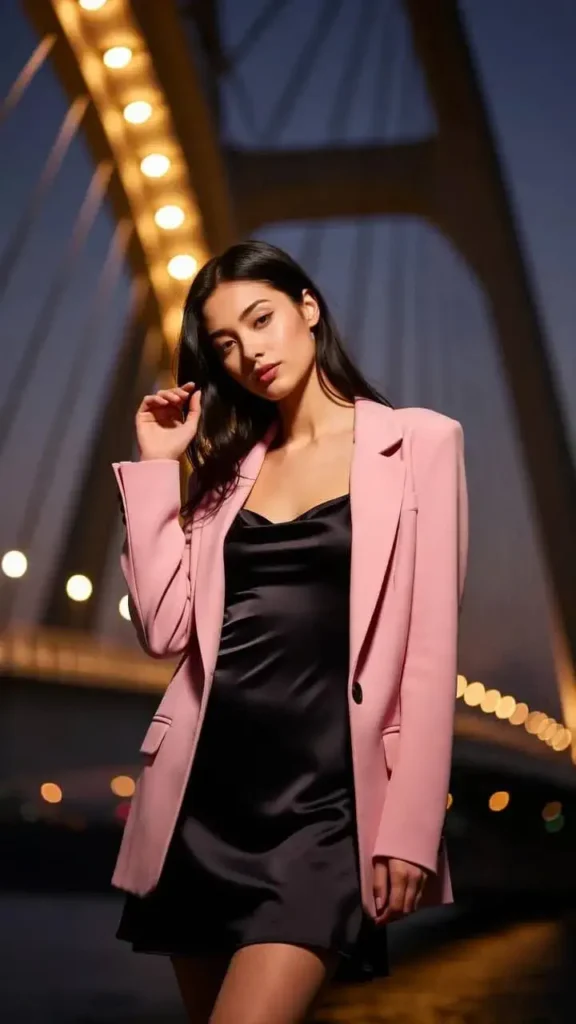 Pink Blazer Over Black Satin Slip Dress Bridge Lights 2026 Aesthetic Chic Summer Night Outfit