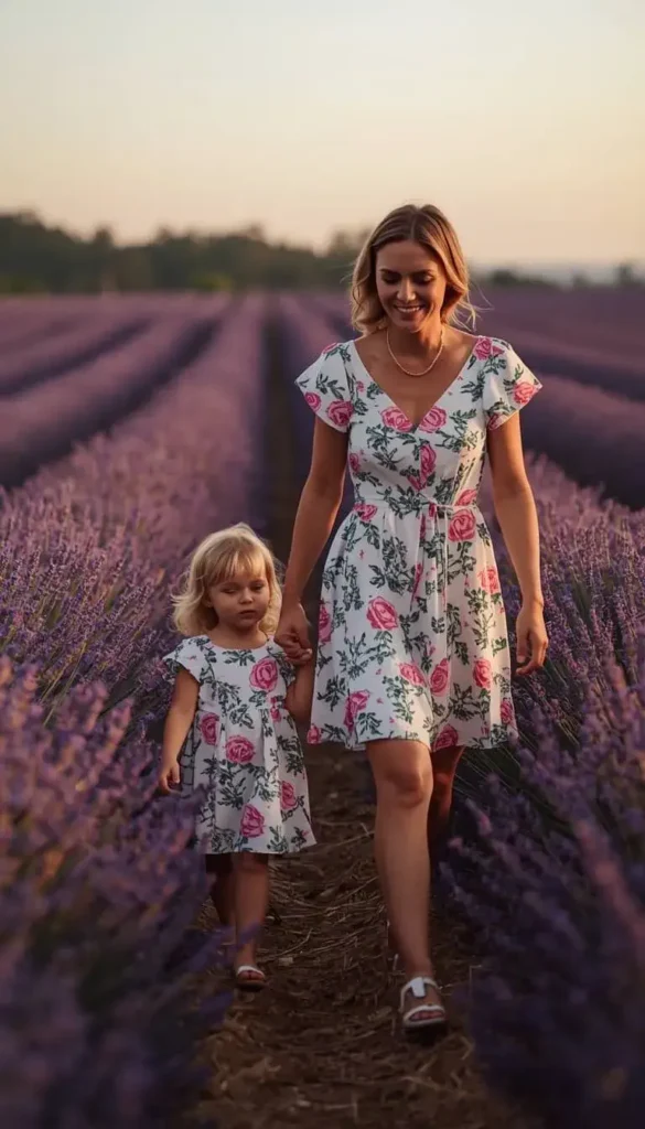 Mommy & Me Matching Rose Floral Dresses Lavender Field Spring Summer 2026 Aesthetic
