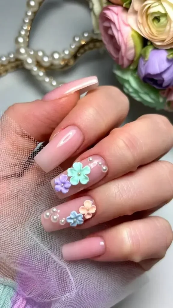Pastel 3D Flower and Pearl Nails